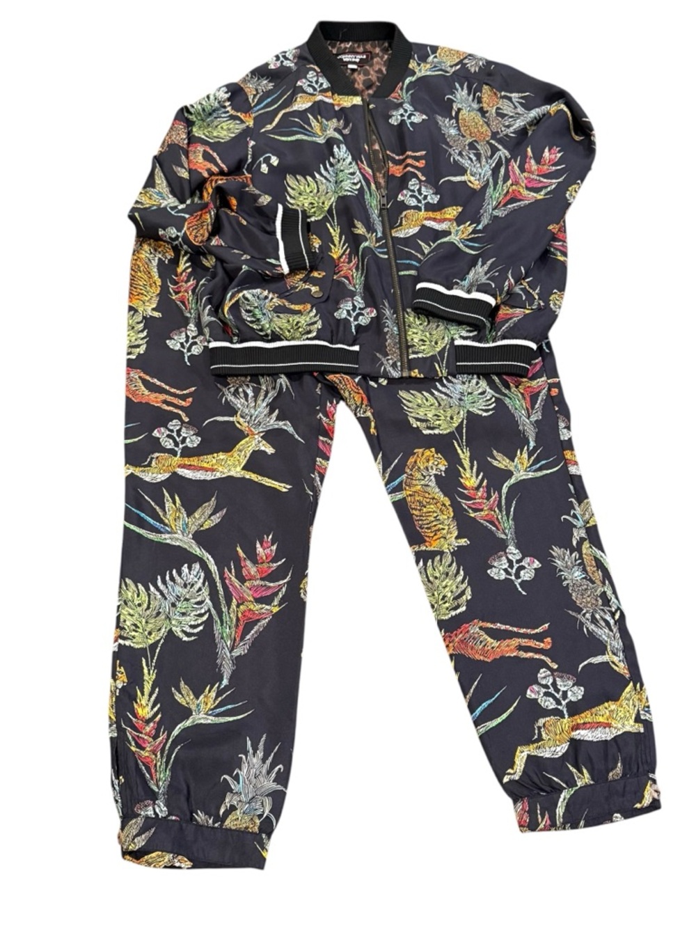 Johnny Was SET Wild Life Silk Bomber TigerJacket with Joggers Set Small